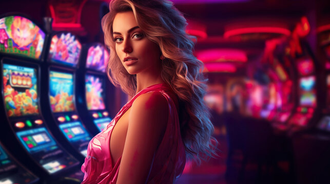 Beautiful woman in a casino, in elegant clothes, in a casino gambling hall with neon glow, Woman in neon style