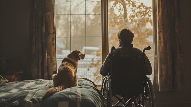 a man in a wheelchair looking out a window at a dog sitting in front of him on a bed