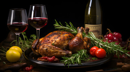 Fried chicken served on a tray whole. Oven-cooked chicken with a meat fork on a board