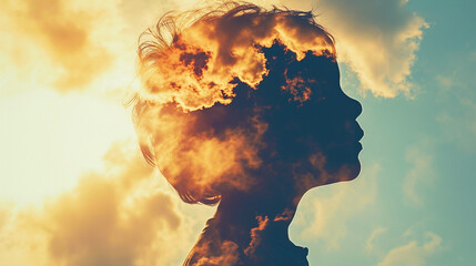 Double exposure portrait, silhouette of child blended with cloudy sky background