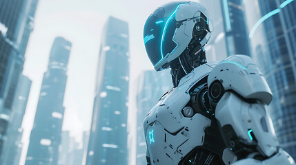 Um elegante robô angular com acentos azuis brilhantes fica em meio a um cenário de arranha-céus imponentes emanando um sentimento de avanço tecnológico e inovação