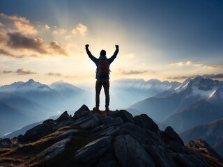 silhouette of a man stands on the top of the mountains and raises hands to the sky