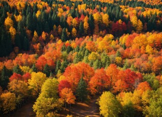 Fototapeta premium Autumn Forest, Colorful Trees From Above, Aerial View