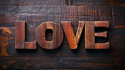 Wooden Mahogany Love concept creative horizontal art poster. Photorealistic textured word Love on artistic background. Horizontal Illustration. Ai Generated Romance and Passion Symbol.
