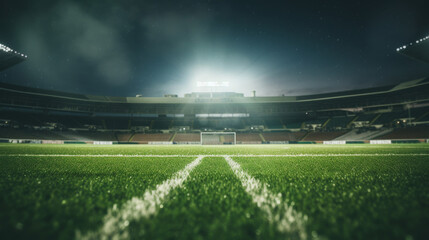Low angle view of bright green grass football field, blurred stadium and flood lights in the background 