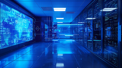 Um elegante laboratório de computação futurista é banhado em uma luz azul fresca criando uma atmosfera tecnológica e de ponta