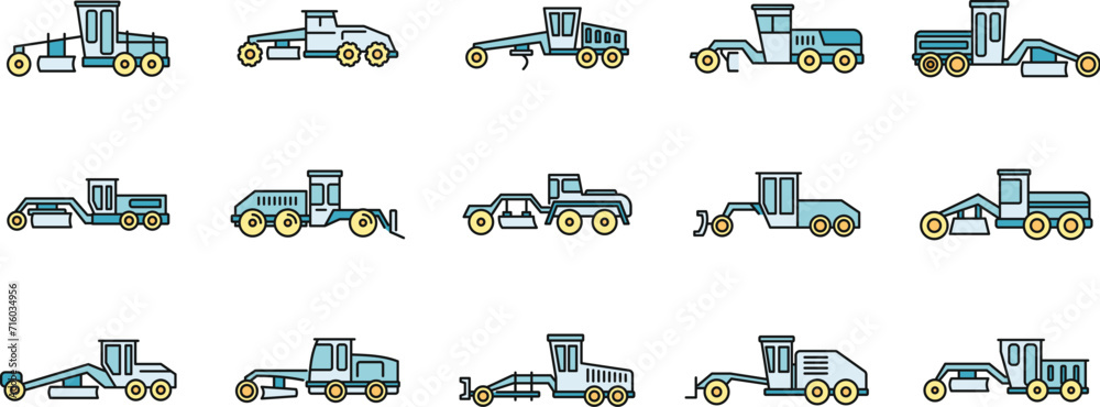 Poster construction grader machine icons set. outline set of construction grader machine vector icons thin 