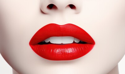 Obraz premium A woman's lips with red lipstick and white teeth. Generative AI.