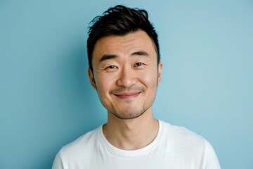 A casual portrait of a pleased man, his genuine smile exuding warmth and contentment, dressed in a simple white t-shirt against a clean background.