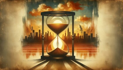 Vintage Hourglass with Sunset and City Silhouette, Time Concept