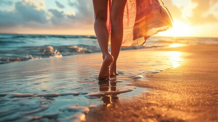 Close up back view of  woman legs walking barefoot along a beautiful beach.