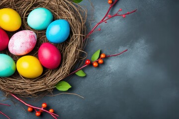 Fototapeta na wymiar Happy Easter day decoration colorful eggs in nest on paper background with copy space - generative ai