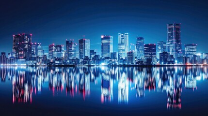 As dusk falls, the city's high-rises light up, creating a vibrant skyline that mirrors the dynamic nature of city life, blue cityscape banner