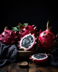 Fresh dragon fruit on a wooden table. Generative AI.