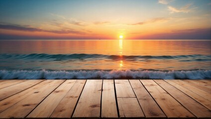 Fototapeta na wymiar Blurred Sunset Sea on Empty Wooden Table Background, Wooden Table