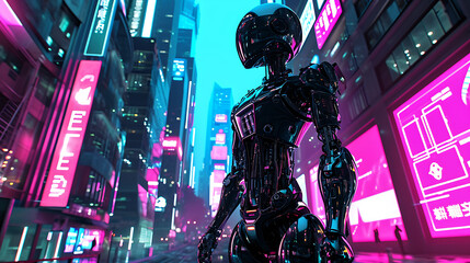 Um elegante robô futurista está no centro de uma movimentada rua da cidade com imponentes arranha-céus de vidro refletindo as vibrantes luzes de neon