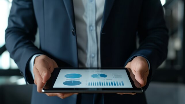 businessman presenting a chart on a tablet screen, in the style of rationalist composition, black and azure, emotional gestural marks, consumer culture, symmetrical balance, back button focus