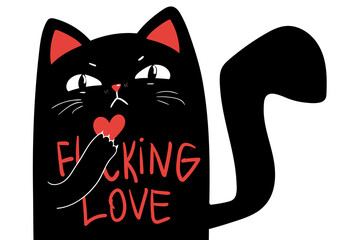 Black sarcastic grumpy cat holding heart, moody Valentines day greeting card, poster, banner and other, hand drawn funny illustration