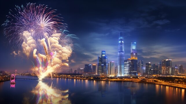 dragon by fireworks over the sky of Ho Chi Minh City, Sai Gon river, Landmark 81, Vinhomes Central Park