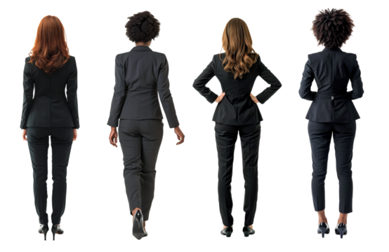 Business women back view full body. Collage over isolated transparent background