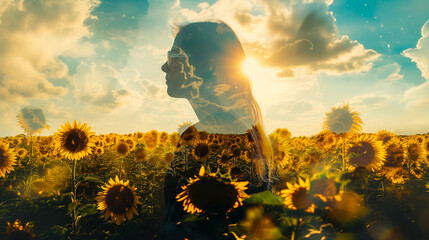 Fototapeta premium Double Exposure portrait of woman blended with sunflower background