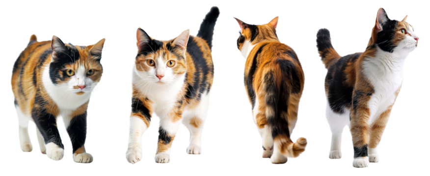 Collage of calico cat walking in different positions. Isolated over transparent background