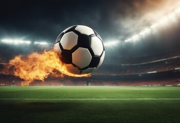 Burning soccer ball flying over football stadium