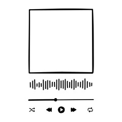 Music player interface in doodle style. Handdrawn audio app panel with buttons, progress slider bar, equalizer and album cover frame. Trendy song plaque. Vector graphic illustration. © vikusha_art