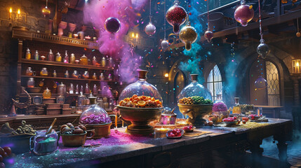 Delicious potions bubble in cauldrons, surrounded by floating fruit and sparkling. Ai Generative - obrazy, fototapety, plakaty