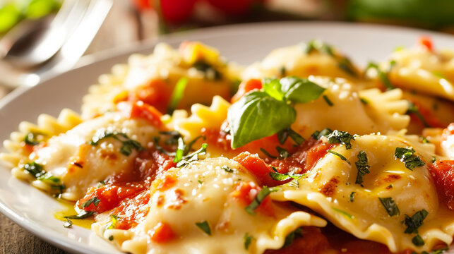 Ravioli pasta meal from Italy eat for lunch dish with fork and tomato sauce. Ai Generative