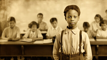 A young african american boy in front of a classroom - vintage image - Powered by Adobe