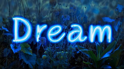 Blue LED Dream concept creative horizontal art poster. Photorealistic textured word Dream on artistic background. Horizontal Illustration. Ai Generated Imagination and Fantasy Symbol.