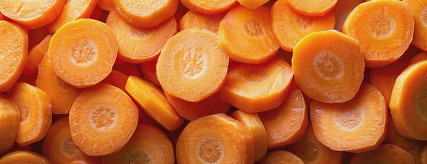 Foto op Plexiglas Top view background of slices of fresh carrots. Soft color profile background © Pajaros Volando
