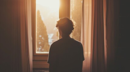 A solitary figure stands in front of a window, their silhouette cast against the backlighting as they gaze out at the sun-kissed world beyond, their clothing blending with the shadowed curtain and wa