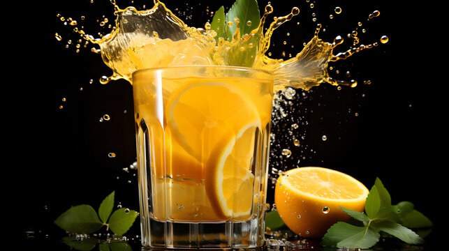 Glass of 100 percent Orange juice with orange sacs and slices fruits isolate on black.