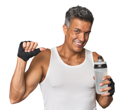 Gym-ready Hispanic man with water bottle feels proud and self confident, example to follow.