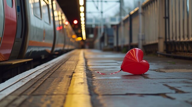 Red heart shaped balloon in a train station