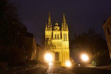 Angers, France. Night view of Angers Cathedral (Cathédrale Saint-Maurice d'Angers). December 26, 2023.