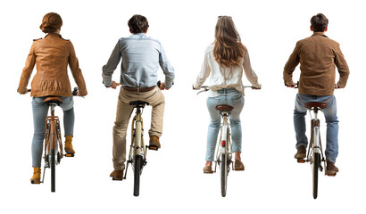 Back view of men and women using bicycle over isolated transparent background