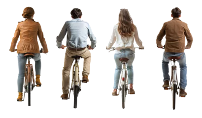 Fotobehang Back view of men and women using bicycle over isolated transparent background © Pajaros Volando