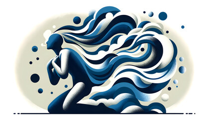 Stylized Illustration of a Male Figure with Swirling Blue Hair Struggling for Air - Concept of Emotional Turmoil and the Fight for Mental Health