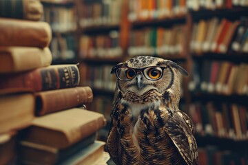 An intellectual owl perches proudly next to a towering bookcase, its spectacled gaze reflecting a love for literature and a thirst for knowledge - obrazy, fototapety, plakaty