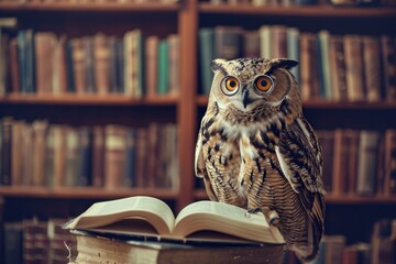 A wise owl perches on a book, surrounded by endless shelves of knowledge and adventure