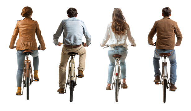 Back view of men and women using bicycle over isolated transparent background
