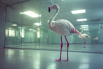 A graceful flamingo gazes at its reflection in an indoor mirror, admiring its elegant beak and perfectly balanced stance on the ground