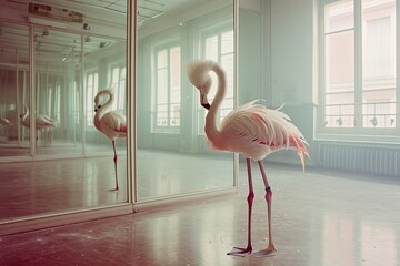 A majestic greater flamingo admires its reflection in an indoor window, its graceful pose and vibrant plumage standing out against the plain wall