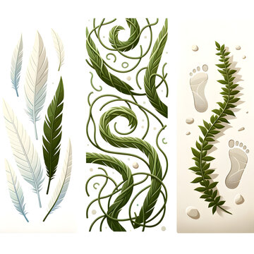Set of Three Nature Inspired Illustrations with Varied Leaf and Fern Designs, Involving Abstract Swirls and Footprints in Sand - Concept of Nature's Diversity and Environmental Art