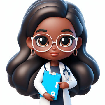 3d render, cute cartoon black woman doctor wears glasses and holds blue clipboard. Medical clip art isolated on white background. Health insurance concept. Professional therapist, hospital assistant