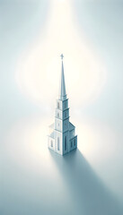 Elegant White Church 3D Rendering with Tall Steeple and Cross, Symbol of Hope and Faith - Purity and Serenity Concept
