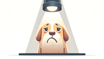 Lonely Cartoon Dog Under Spotlight on Table - Sympathetic Sad Canine Illustration, Concept of Pet Vulnerability & Animal Welfare